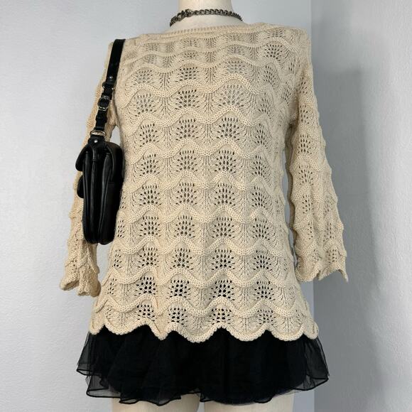 Coquette Cream Knit Crewneck Ruffle Trim Sweater Mystree Small - Picture 1 of 10
